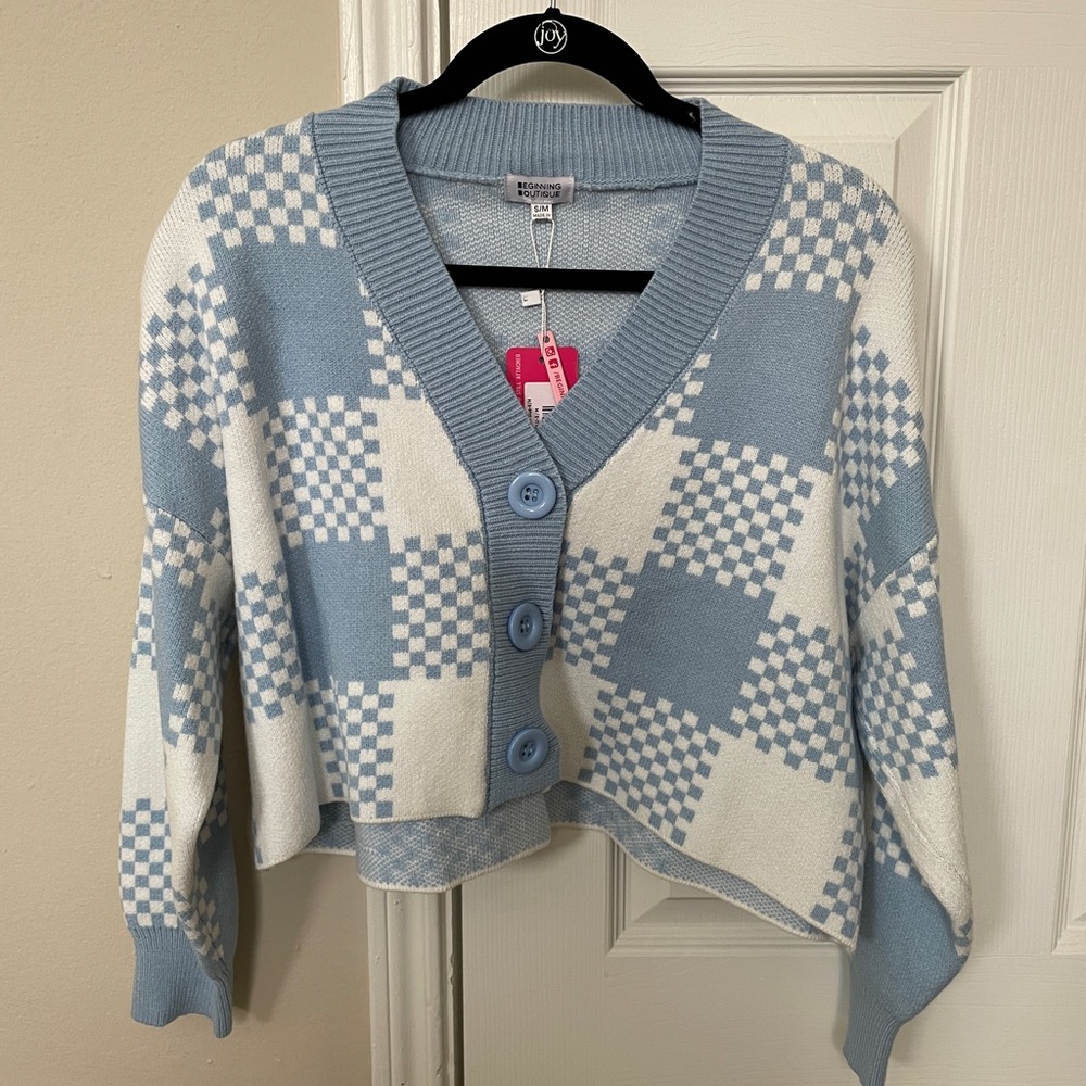 Women’s Beginning Boutique Plaid Checkered Crop Cardigan Sweater